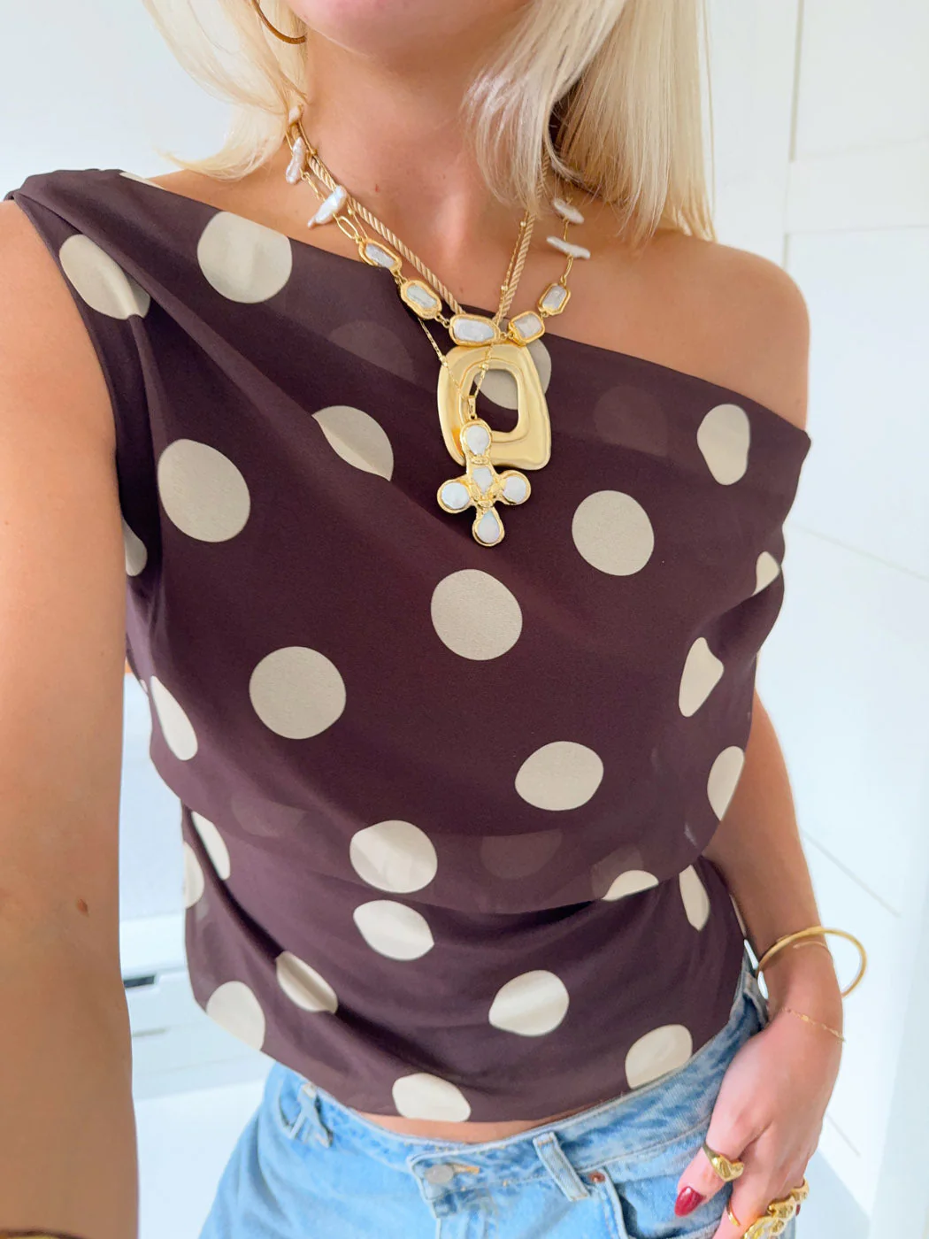 Lily top with polka dots – Brown/Yellow 2 Lily top with polka dots – Brown/Yellow