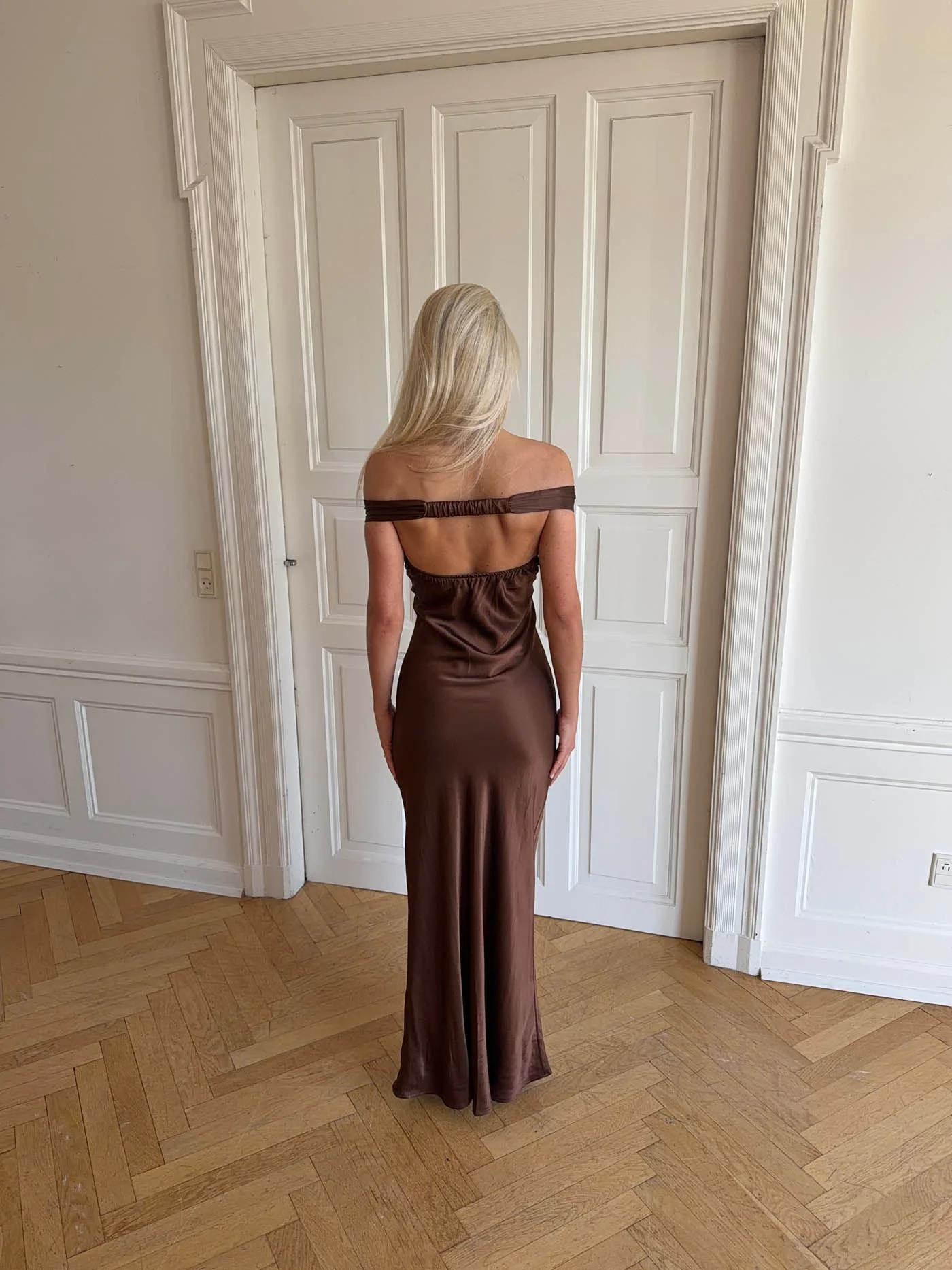 Andie off shoulder satin dress - Brown 10 Andie off shoulder satin dress - Brown
