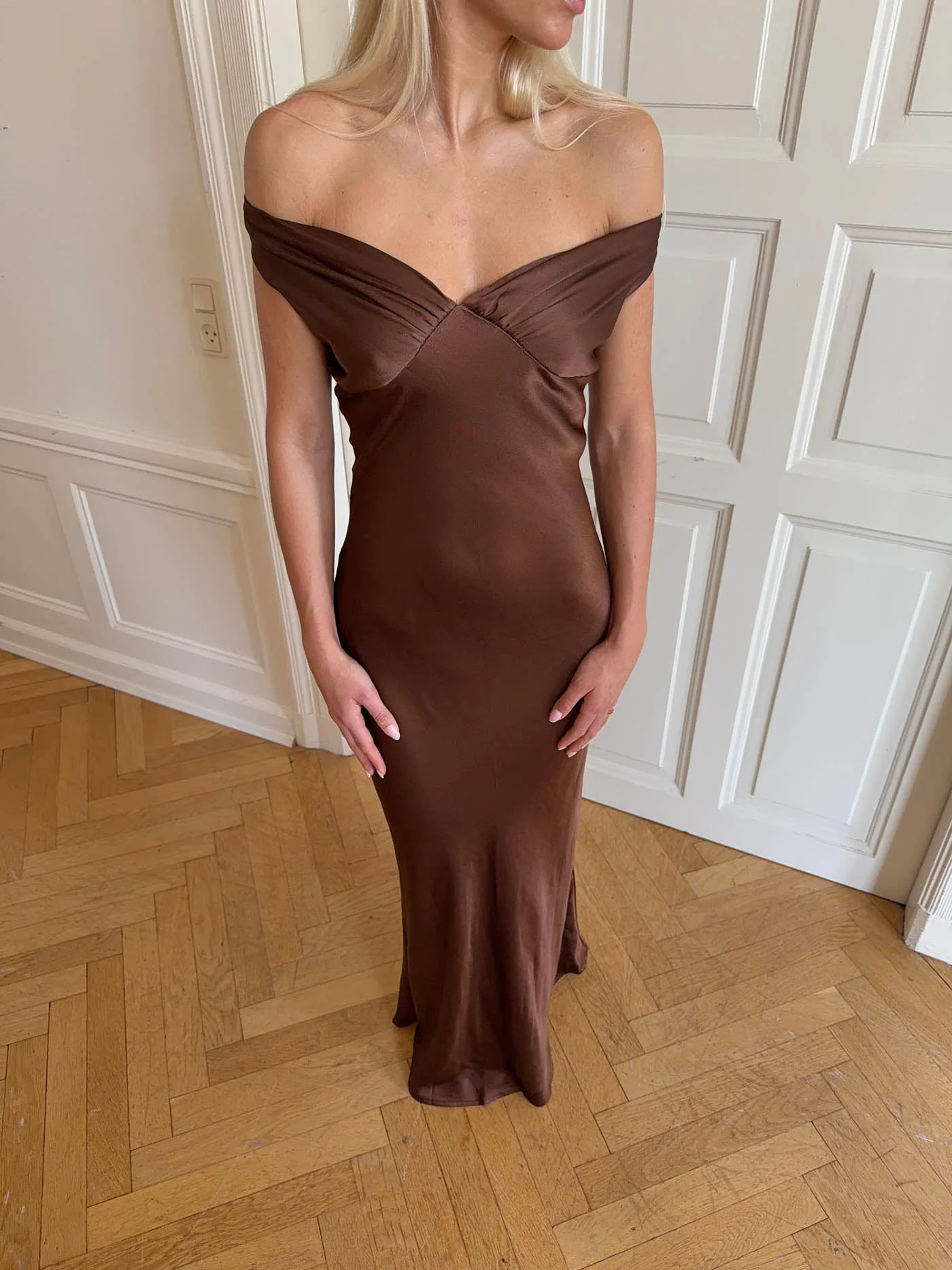 Andie off shoulder satin dress - Brown 2 Andie off shoulder satin dress - Brown