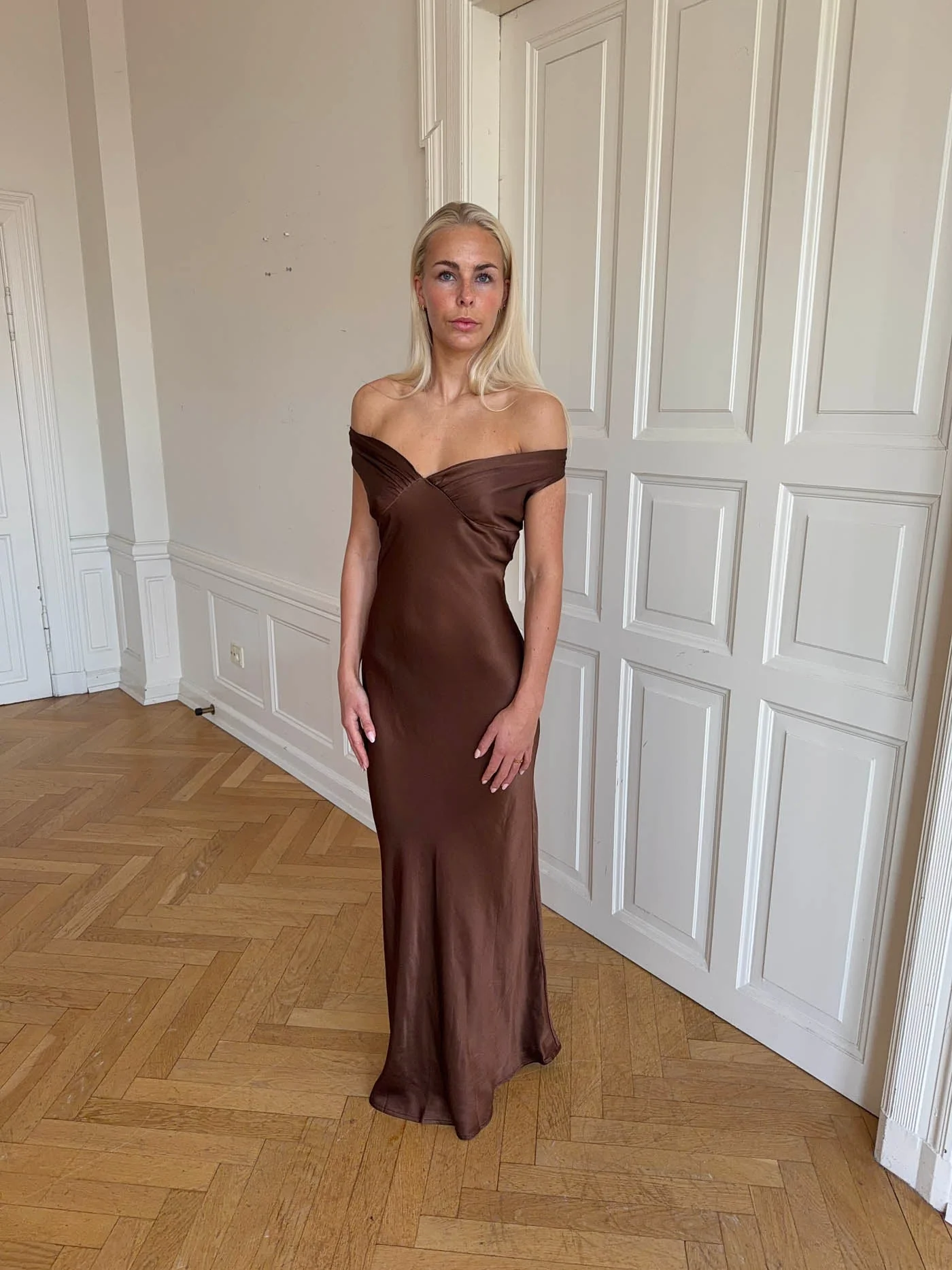 Andie off shoulder satin dress - Brown 5 Andie off shoulder satin dress - Brown