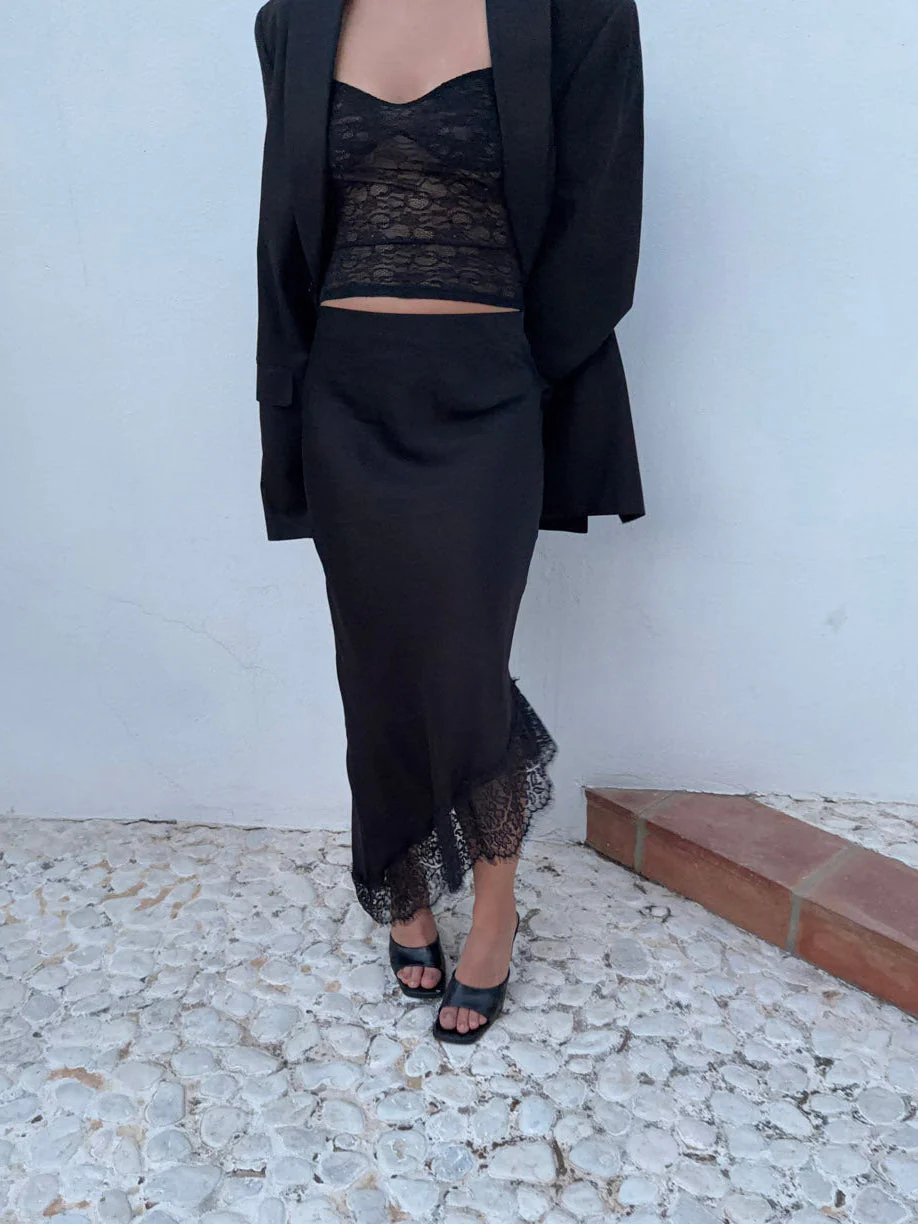 Fima satin skirt with lace - Black 2 Fima satin skirt with lace - Black