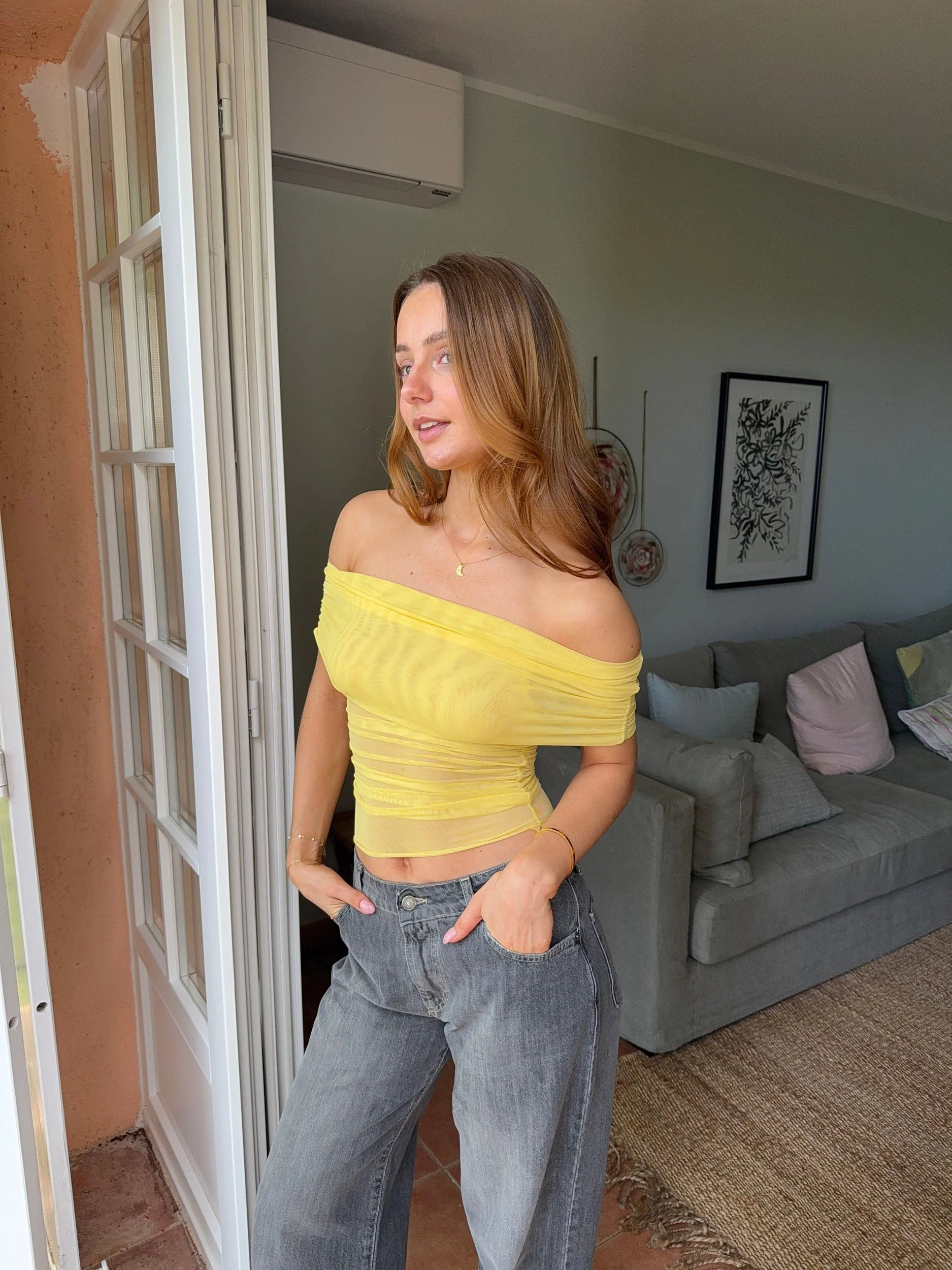 Victoire off shoulder top in mesh - Yellow 7 Victoire off shoulder top in mesh - Yellow