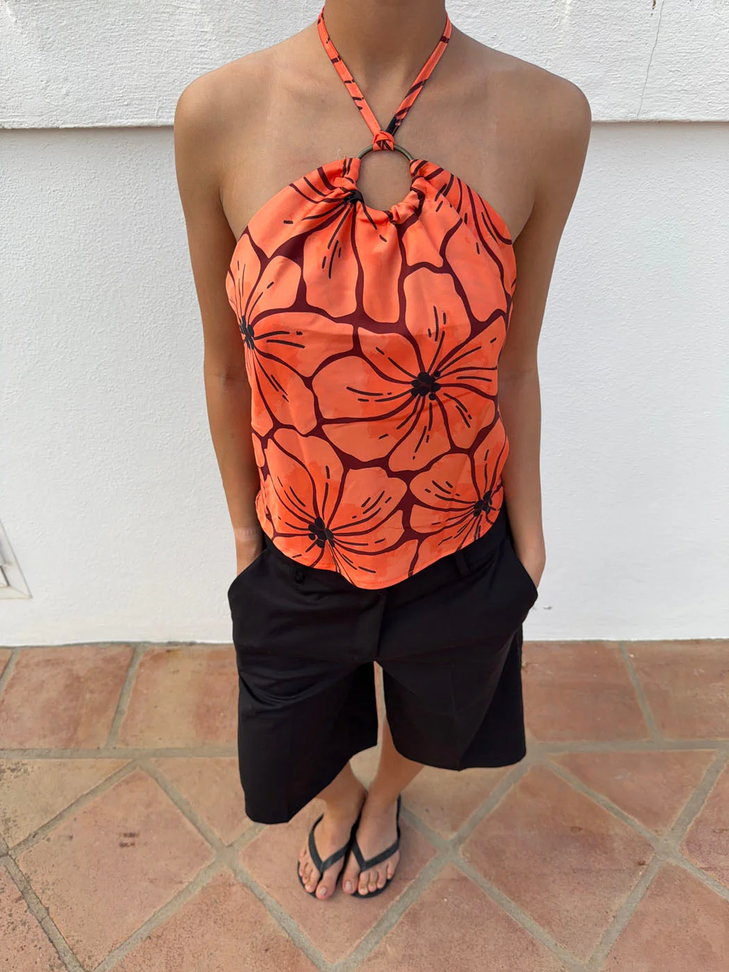 Sibilia top with flowers – Orange/black