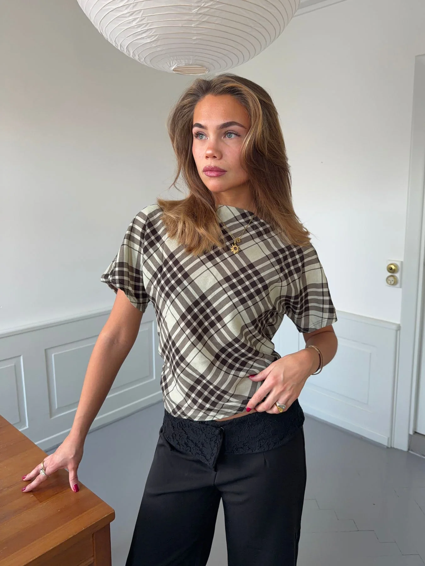 Ea checkered top with open back - Brown/green