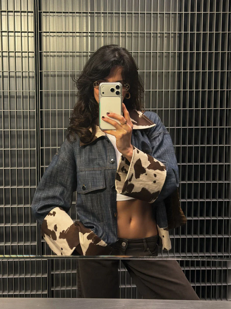 Suiva denim jacket with cow print – Blue/brown/white 3 Suiva denim jacket with cow print – Blue/brown/white