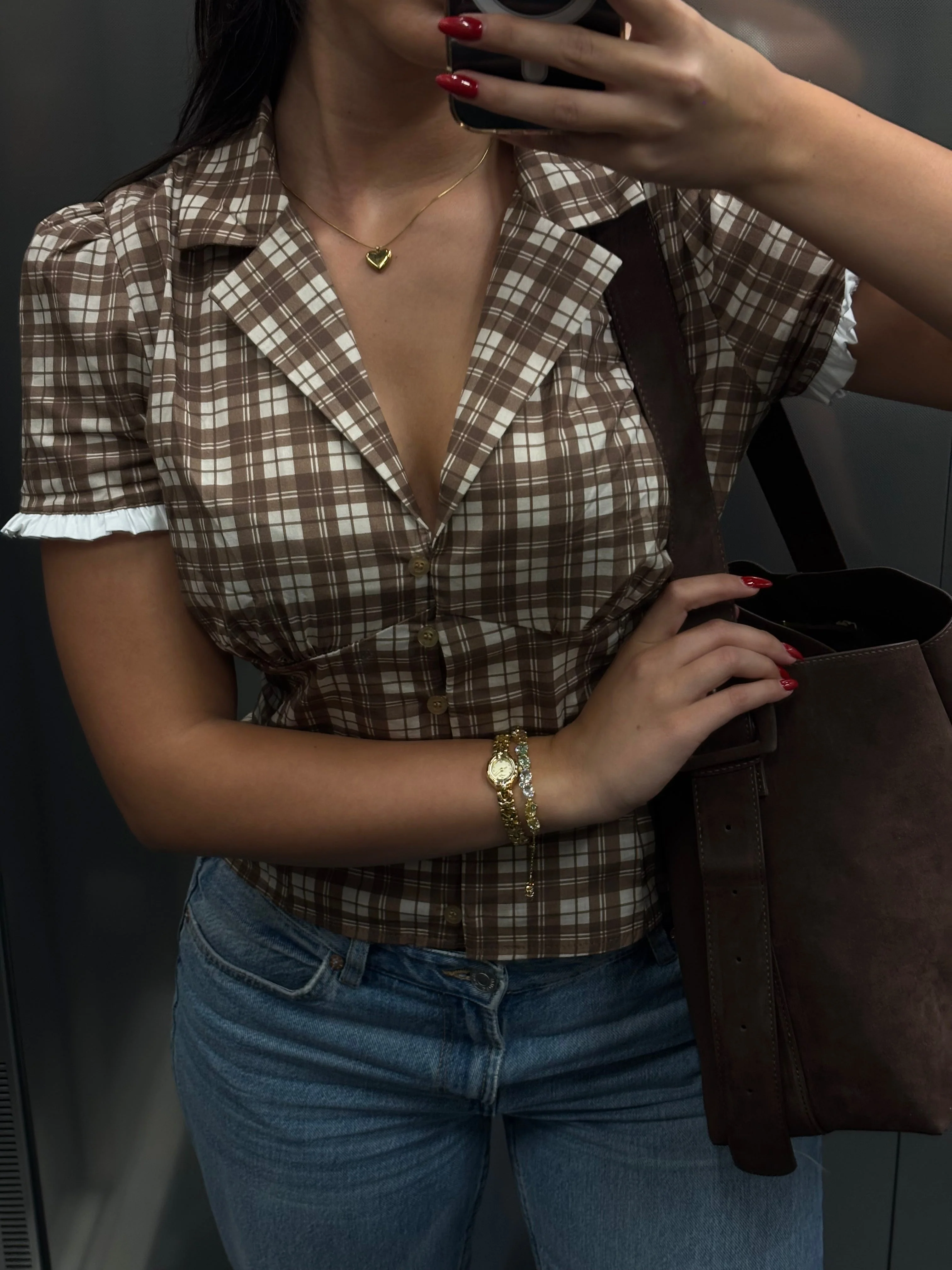 Kassandra fitted shirt with checkers – Brown/white 2 Kassandra fitted shirt with checkers – Brown/white
