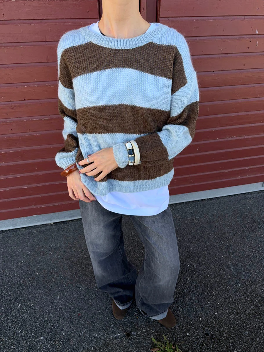 Trish knit sweater with stripes – Light blue and brown 2 Trish knit sweater with stripes – Light blue and brown